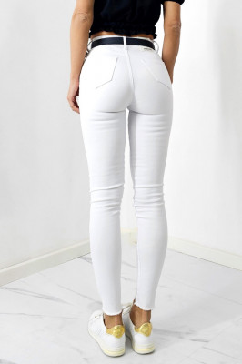 Blugi skinny DARY, cu talie inalta, curea si perforatii pe linia piciorului, Alb 5