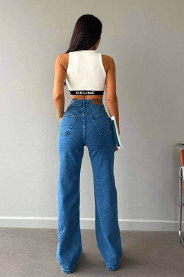 Blugi wide leg Gilbert, cu super elastan si talie inalta, Albastru deschis spate
