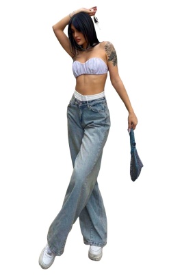 Blugi wide leg Qatar, cu banda elastica in talie si aspect prespalat, Albastru vintage 4
