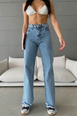 Blugi wide leg Yukatan, cu tiv perforat si aspect prespalat, Albastru Cyan