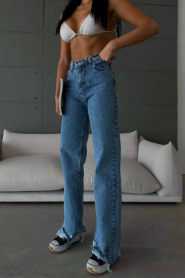Blugi wide leg Yukatan, cu tiv perforat si aspect prespalat, Albastru deschis 4