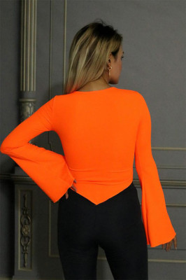 Bluza asimetrica Diandra, cu maneca tip clopot si decolteu Queen Anne, Portocaliu4