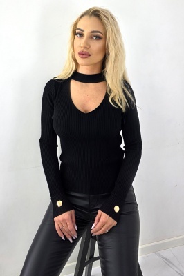 Bluza decupata Heart NOLA, cu butoni aurii, Negru