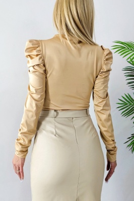 Bluza eleganta Eleonore, cu maneca lunga si umeri bufanti, Bej, Marime S/M spate