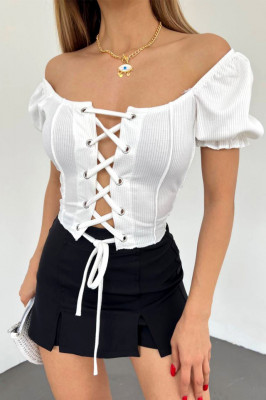 Bluza striata Lupita, cu maneca scurta bufanta si volane, Alb