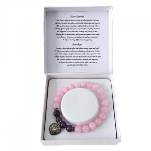 Brățară Amethyst Rose Quartz, din pietre semiprețioase si charm inima, in cutie cadou 1