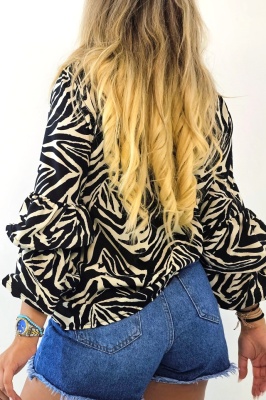 Camasa casual Hunter, animal print si maneca lunga cu volane, Zebra, Marime S/M 3