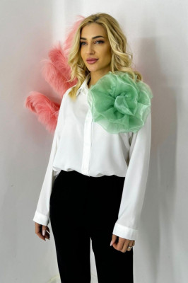 Camasa office Alizee, cu accesoriu floral din organza, Alb/Verde, Marime S/M 1
