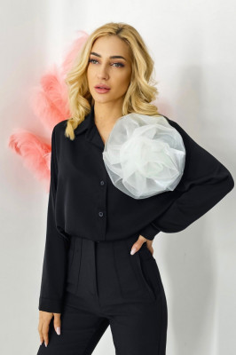 Camasa office Alizee, cu accesoriu floral din organza, Negru/Alb, Marime S/M 4