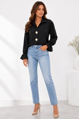 Camasa office, dama MELISAN, cu nasturi brosa si basic, Negru, Marime S/M/L