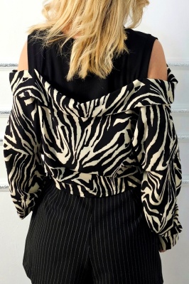 Camasa satinata de dama ATLAZ, cu imprimeu uni si animal print, Zebra, Marime S/M