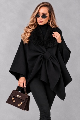 Capa dama VELSORA cu guler din blana ecologica si prindere decorativa in talie, Negru, Marime unica