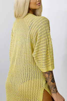 Cardigan clasic Crochet Gold, cu taieturi laterale si brosa, Auriu, Marime S/M/L 5