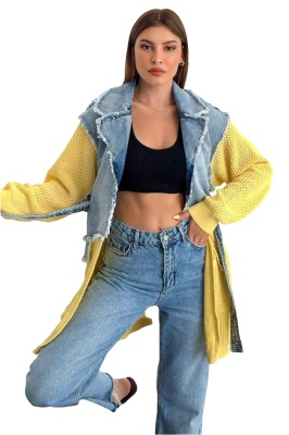 Cardigan lung Violeta, din tricot cu denim si cordon asortat, Galben 3