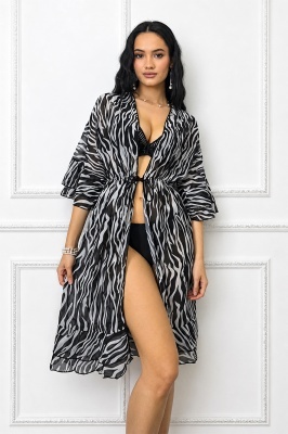 Cardigan midi de plaja Amber Print, cu volane si snur reglabil, Zebra Print