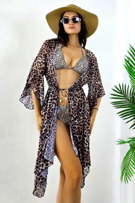 Cardigan scurt de plaja NaLLa, cu maneca evazata si snur in talie, Animal Print Leopard Bej