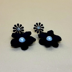 Cercei lungi Theona, design floral, cu tija si pietre artizanale, Negru 4