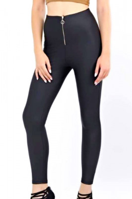 Colanti fitness Velly, piele eco, cu fermoar si aspect mat, Negru 3