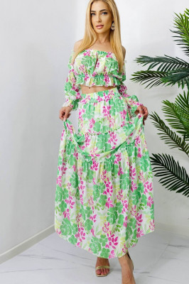 Compleu Bernolda fusta si camasa, Verde roses, Masura S/M/L3