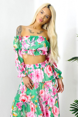 Compleu Bernolda, fusta vaporoasa si camasa cu umerii goi, Green Sunday, Masura S/M/L 2