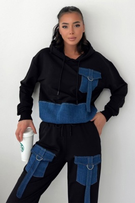 Compleu bumbac si denim ALFENA, cu pantaloni si hanorac cu gluga, Negru 4