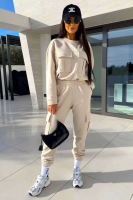 Compleu bumbac Sprendy, cu bluza lejera si pantaloni cu buzunare oversize, Crem