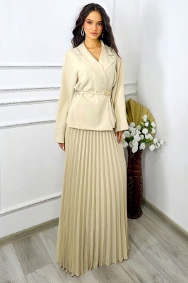 Compleu business LUNIS, cu sacou petrecut si fusta plisata, Crem, Marime S/M/L