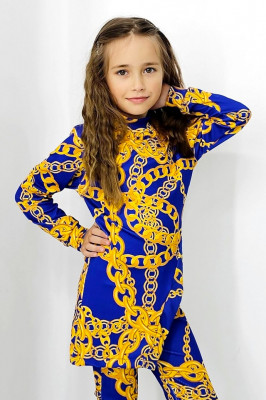 Compleu casual, Agathea Kids, pantaloni tetra evazati si bluza lunga asimetrica, Blue Chain 3