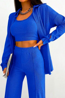 Compleu casual Aleksa, din trei piese, cu top, camasa si pantaloni evazati, Albastru