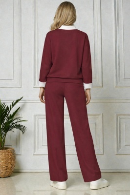 Compleu casual ALYA, cu bluza tip camasa si pantaloni largi cu snur, Marime S/M/L spate