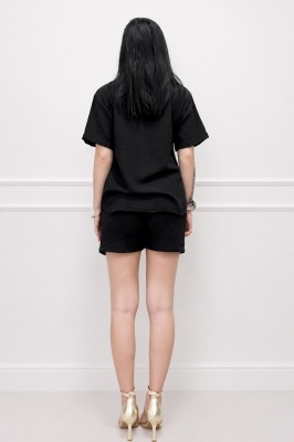 Compleu casual dama KARMELL negru cu bumbac si pantaloni scurti