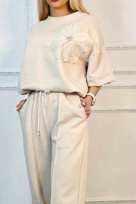 Compleu crem dama cu pantaloni largi si bluza