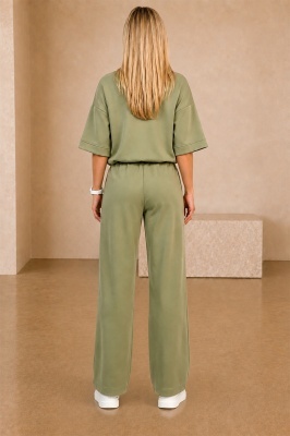 Compleu casual, doua piese Solenne, cu detaliu floral si cristale, Verde Olive, Marime S/M/L detaliu spate
