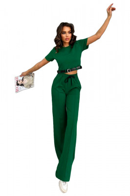 Compleu casual Kaliana, cu tricou scurt, curea si pantaloni cu nervura, Verde 1