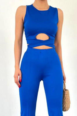 Compleu casual Louie, cu pantaloni evazati, decupati si bluza top fara maneci, Albastru1