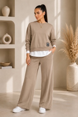 Compleu casual LUNARIA, cu bluza lejera si pantaloni wide leg, Bej, Marime S/M/L