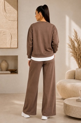 Compleu casual LUNARIA, cu bluza lejera si pantaloni wide leg, Maro, Marime S/M/L detaliu spate