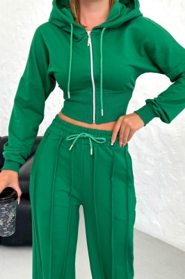 Compleu casual WalKING Time, hanorac si pantaloni cu dungi in relief, Verde detaliu