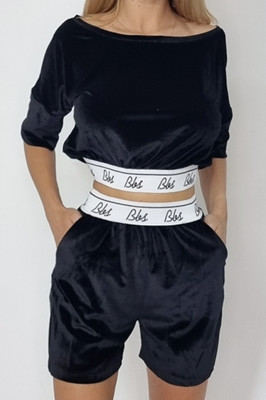 Compleu catifea doua piese top si pantaloni scurti Bbs negru-detaliu