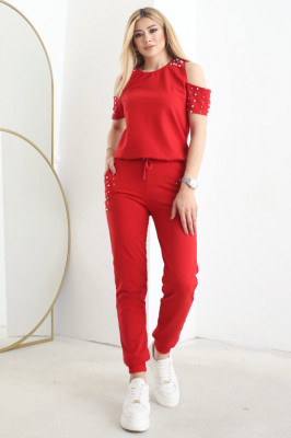 Compleu cu perle Jupiter, pantaloni si bluza cu maneca scurta, Rosu6