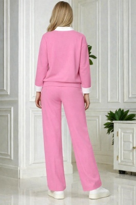 Compleu dama ALYA, cu bluza tip camasa si pantaloni lejeri cu snur, Roz, Marime S/M/L detaliu spate
