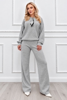 Compleu dama MELIA tricotat, cu esarfa detasabila si pantaloni largi, Gri, Marime universala S/M/L