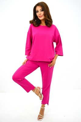 Compleu dama Radiant Pair, cu pantaloni, lungime asimetrica si bluza cu cristale, Fucsia 2