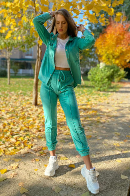 Compleu de catifea Aurora , pantaloni si camasa, Turqoise, Marime S/M 1