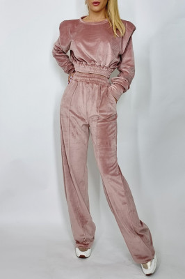 Compleu de catifea Miley bluza si pantaloni evazati roz-fata