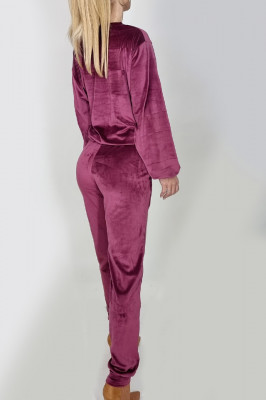 Compleu de catifea Novara, bluza si pantaloni cu banda elastica, Bordo-spate