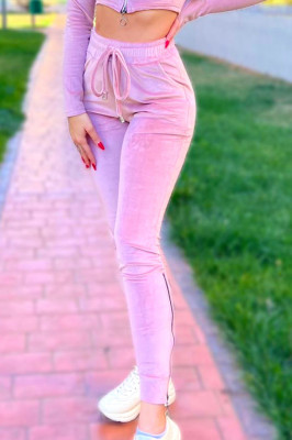 Compleu de catifea Paula, pantaloni si bluza pe gat cu fermoar, Roz, Marime S/M 2