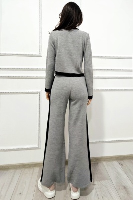 Compleu de dama tricot Thalos, cu cardigan si pantaloni evazati, Gri, Marime universala poze spate