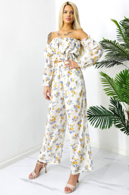 Compleu de vara Bouquet, pantaloni lejeri si camasa cu volane, Alb, Marimea S/M/L 2
