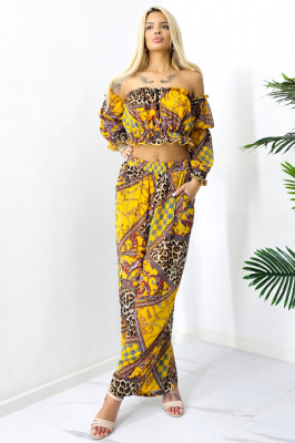 Compleu de vara Bouquet, pantaloni lejeri si camasa cu volane, Galben Leopard, Marimea S/M/L 2